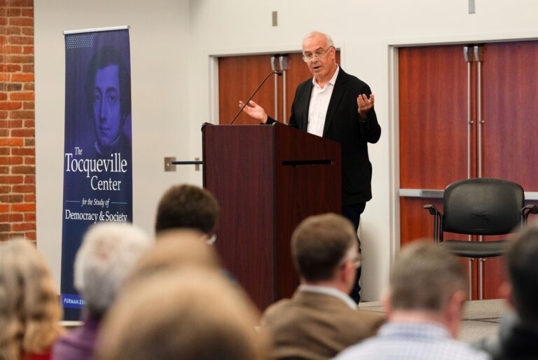 David Brooks addresses the audience at Tocqueville Center conservatism in America event