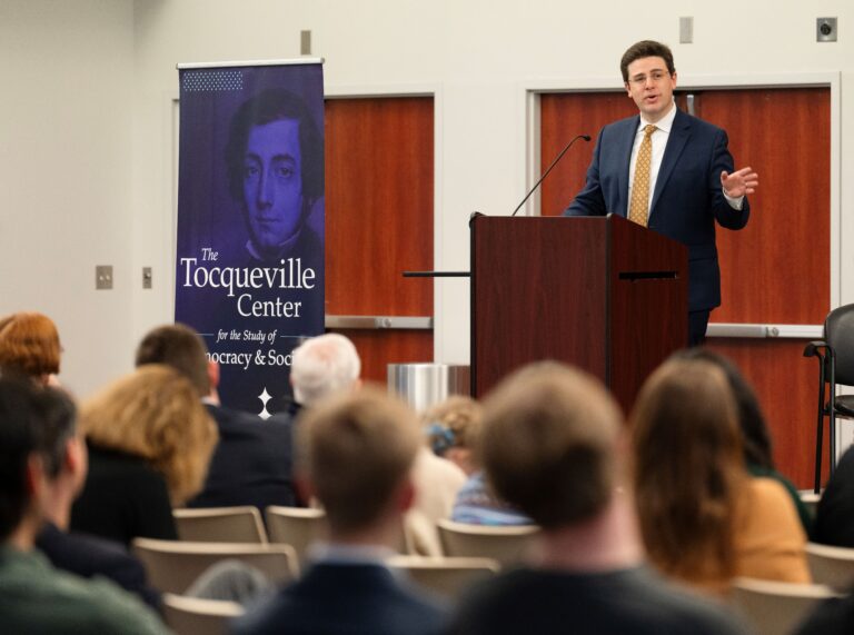 Matthew Continetti addresses the audience at Tocqueville Center event on conservatism in America