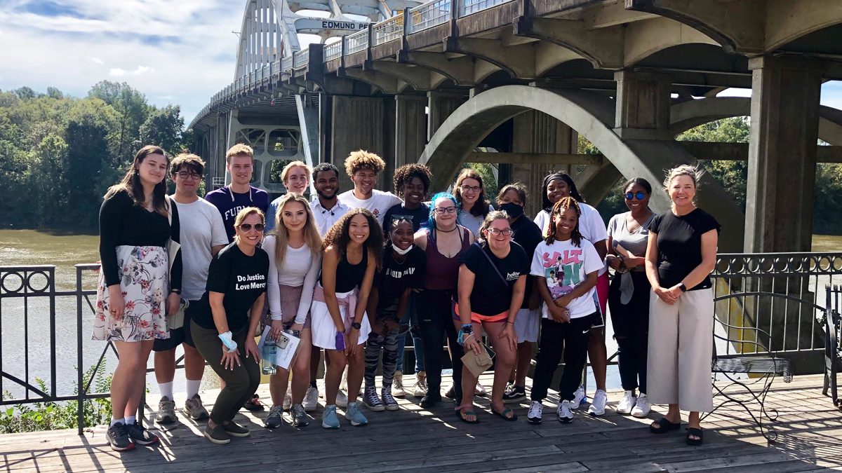 A group of Furman students at Edmund Pettus Bridge