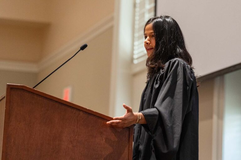 Simran Goel, MASD '24, reads a speech during the Hooding Ceremony on Friday, May 3, 2024.
